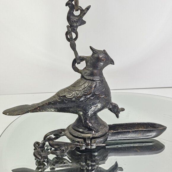 Antique Mughal Peacock Hanging Oil Lamp Bird Very Old. Bronze Or Brass - Picture 1 of 16